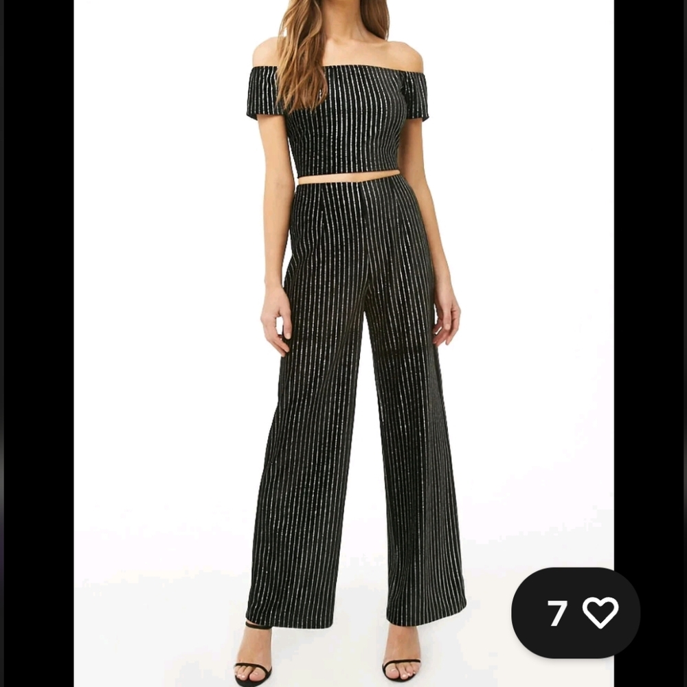 FOREVER 21 Striped Velour Metallic Crop TopWide Leg‎ 2 Piece Set Size XS/S